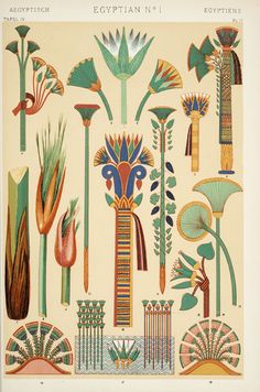 an illustration of egyptian art from the early 20th century, including vases and flowers