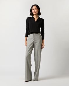 The Maura is the newest addition to the pull-on trouser family (think of it as a new, cold-weather take on the Fallon.) The fit is full-length, with a clean finish at the waistband. Pair with a turtleneck sweater or with the Sarah Jacket (or both!) for an incredibly easy, luxe suit situation. Ann Mashburn, Clothing Catalog, Buckle Shoes, Trouser Pants Women, Sweater Gift, Sweater Pants, Engineered Garments, Pull On Pants, Striped Knit