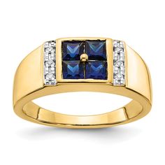 Elevate your everyday style with this stunning 14k Yellow Gold Created Sapphire and Diamond Men's Ring. Crafted from solid 14k yellow gold, this ring is polished to perfection, showcasing a luxurious shine that is sure to catch the eye.  At the center of this ring sits a brilliant created sapphire stone, elegantly complemented by three shimmering diamonds on each side. The contrast between the deep blue hue of the sapphire and the sparkle of the diamonds creates a striking and sophisticated look Diamond Mens Ring, Yellow Rings, Mens Ring Sizes, Natural Diamond Ring, Blue Sapphire Diamond, Engagement Ring Sizes, Mens Ring, Men Diamond Ring, Men's Jewelry Rings