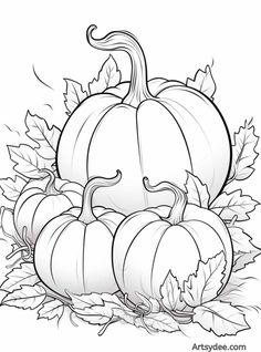 a black and white drawing of pumpkins with leaves on the ground next to it