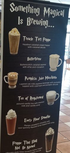 a sign showing the different types of drinks on it's blackboard, with information about each beverage