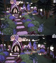 two pictures of a purple fairy house surrounded by trees and bushes with lights in the windows