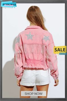 Stay On Stage Star Embellish Denim Jacket - Pink Casual Star Print Denim Jacket For Spring, Casual Denim Jacket With Star Print For Spring, Casual Outerwear With Star Print For Spring, Denim Outerwear With Star Print For Spring, Trendy Denim Jacket With Star Print For Spring, Casual Spring Outerwear With Star Print, Trendy Denim Outerwear With Star Print, Pink Cowgirl Jacket, Fall Denim Jacket With Star Print