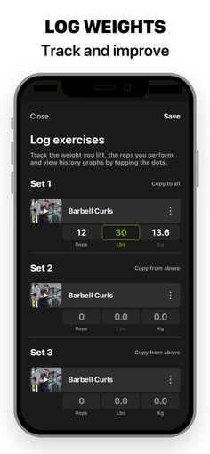 the log weights app on an iphone with text reading log weights track and improve