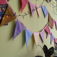 there are many colorful flags hanging on the wall next to a potted plant in front of it