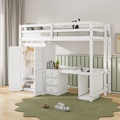 a white bunk bed sitting on top of a wooden floor next to a green rug