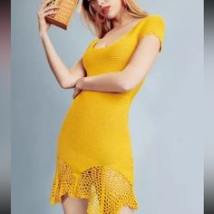 Beautifully Constructed Heavy Knit Yellow Dress. Retail Value Is $480.00 Pretax. This Dress Is New With Tags And Sz L. Would Likely Fit A Size Smaller M-L. It Has Stretch So There’s Range. Yellow Crochet Dress, Open Knit Sweater Dress For Summer, Chic Fitted Crochet Knit Dress, Fitted Open Knit Dress, Elegant Crochet Dress For Party, Elegant Crochet Party Dress, Fitted Knitted Sweater Dress For Summer, Fitted V-neck Open Knit Dress, Elegant Open Knit Mini Dress