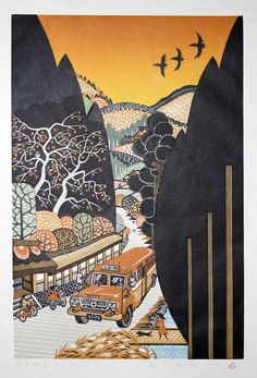 an orange bus traveling down a road next to trees and mountains with birds flying over it