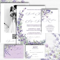 wedding stationery with purple flowers and greenery