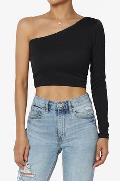 Elevate your casual style with the Basic One Shoulder Long Sleeve Tee.This slim fit crop top features a trendy one-shoulder design, adding a touch of sophistication to your outfit.The long sleeves provide versatility and can be worn year-round.Pair it with high-waisted jeans or a skirt for a chic and fashionable look. Stay comfortable and stylish with this must-have crop top in your wardrobe.Material: Women basic tee crop top made of polyester fiber. Soft, breathable, lightweight, skin friendly, One Shoulder Crop Top Outfit, One Shoulder Top Outfit Casual, Cute Crop Tops For Teens, Black Crop Top Outfit, One Shoulder Long Sleeve Top, Summer Wedding Gowns, One Shoulder Shirt, One Shoulder Crop Top, Slim Fit Crop Top