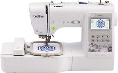 the brother sewing machine is white and has blue accents on it's front side