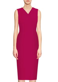 Kateri V-Neck Fuchsia Sheath Dress – Caeli Couture Elegant Sleeveless Dress With Notched Neckline, Pink Sleeveless Dress For Work, Elegant Pink Sleeveless Workwear Dress, Classic Sleeveless Bodycon Midi Dress, Elegant V-neck Bodycon Sleeveless Dress, Elegant Sleeveless V-neck Bodycon Dress, Elegant Sleeveless Dress With Asymmetrical Neckline For Work, Formal V-neck Bodycon Sleeveless Dress, Elegant Sleeveless Bodycon Dress With Straight Neckline