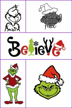 the grin's christmas stickers are shown in four different colors and font styles