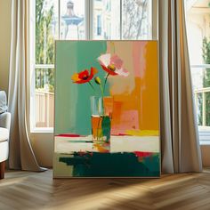 an abstract painting with flowers in a vase on a table next to a chair and window