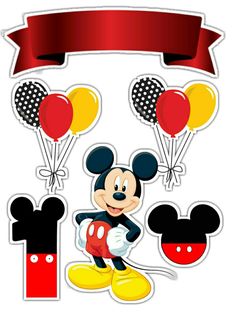 mickey mouse with balloons and a red ribbon