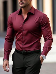 Burgundy Casual,Work Collar Long Sleeve Fabric Plain Shirt Embellished Slight Stretch Men Clothing Red Collared Slim Fit Shirt, Red Slim Fit Button-up Shirt, Red Slim Fit Shirt, Red Slim Fit Shirt For Semi-formal Occasions, Red Slim Fit Button-up Tops, Red Long Sleeve Dress Shirt For Business Casual, Red Long Sleeve Tops For Semi-formal Occasions, Red Semi-formal Button-up Shirt, Semi-formal Red Long Sleeve Shirt