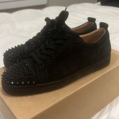 Christian Louboutin Louis Junior Spikes Flat Veau Velour Black Size 42.5 Which Is 9.5 American Sizes. Shoes Are 6.5 Or 7 Out Of 10 Condition Due To Glue On One Spike That Can Probably Be Removed I Just Don’t Care To Honestly. Other Than That Shoes And Box Are In Great Shape. Random Number, Red Louboutin, Christian Louboutin Men, Red Bottom, Red Bottoms, Custom Sneakers, Suede Shoes, Just Don, Christian Louboutin Shoes