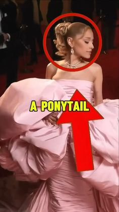 a woman in a pink dress with a red arrow pointing to the right, and an image of a ponytail