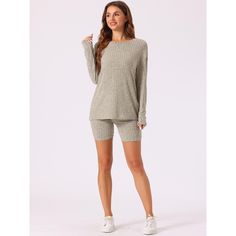 Loose and cozy loungewear, long-sleeved pullover, rib knit, solid. Bottoms: Pair with ribbed knit high-waisted biker shorts. The soft material of this pajama set is just what a woman needs. This casual garment is made from soft ribbed fabric that's lightweight, breathable, and stretchy for an ultra-comfortable fit. Highly elastic and spacious design suitable for anyone. Also great for pregnant women's postpartum belly. It's the perfect addition to casual outfits, or better yet, stepping out of t Comfy Ribbed Loungewear Sweater, Comfortable Knit Sweater For Casual Use, Comfortable Knit Sweater For Loungewear, Solid Color Sweater For Lounging In Winter, Cozy Ribbed Sweater For Loungewear, Comfortable Ribbed Sweater For Loungewear, Ribbed Loungewear Sweater, Solid Color Ribbed Sweater For Loungewear, Cozy Long Sleeve Sweater For Loungewear