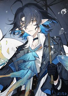 an anime character with long black hair and blue eyes holding an umbrella in the rain