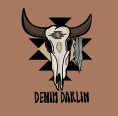 a bull skull with feathers on it's head and the words denim dahln