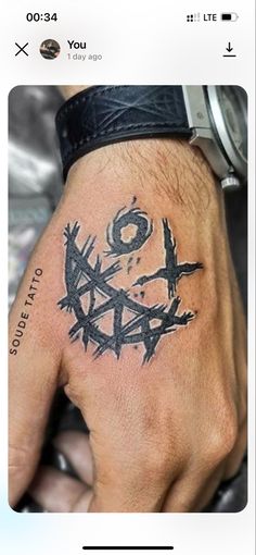 a man's hand with a tattoo on it and a cross in the middle