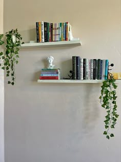 two white shelves with books and plants on them