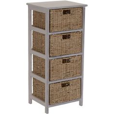 three wicker drawers with baskets on each drawer