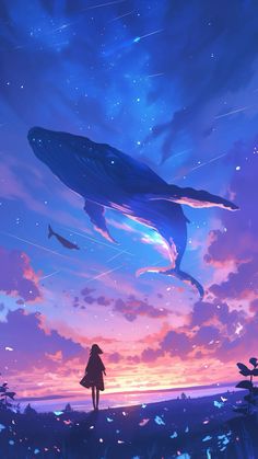 a woman standing in front of a whale under a purple sky with stars and clouds