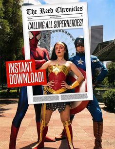 two people dressed up as superheros standing in front of a news paper with the caption instant download