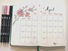 Bujo Cherry Blossom Theme, April Bullet Journal Calendar, Cherry Blossom Bujo, Cherry Blossom Bullet Journal, Cherry Blossom Journal, Cherry Blossom Theme