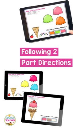 two ipads with the text following 2 part directions and an image of ice cream cones