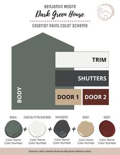 the exterior paint color scheme is shown in shades of green, brown and white with text that