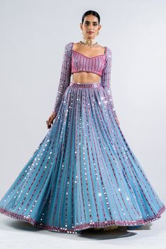 Ice Blue Linear Drop Lehenga Set – Studio East6 Tassels Dupatta, Mehendi Outfit, Lehenga Dupatta, Mirror Work Blouse, Full Sleeve Blouse, Mirror Embroidery, Georgette Dupatta, Metallic Blouses, Blue Lehenga