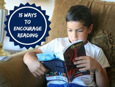 a young boy reading a book while sitting on a couch with the title 15 ways to engage reading