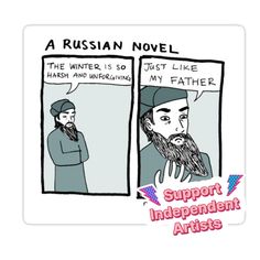 a russian novel is shown with the caption, support independent arts and an image of a bearded man