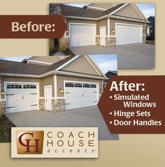 the before and after pictures of a house with garage doors painted brown in front of it