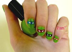 Ninja turtles nails. Cayson would love if I had my nails like this! Ninja Turtles Nail Art, Tmnt Nail Designs, Ninja Turtle Nails Designs, Tmnt Nails, Nails Turtle, Ninja Turtle Nails, Turtle Nail Art, Turtle Nails, Finger Art