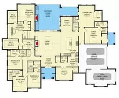 the floor plan for an apartment building with multiple rooms and two garages on each side