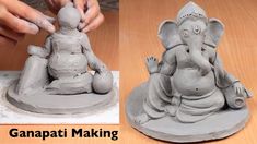 two pictures of the same statue being made with clay and then using sand to make it