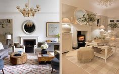 two pictures side by side, one in white and the other in beige with furniture