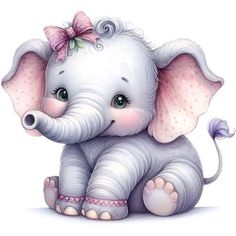 a baby elephant with a pink bow on its head sitting in front of a white background