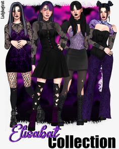 three women in black and purple outfits standing next to each other with their hands on their hips