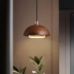 a potted plant sitting on top of a wooden table next to a light fixture