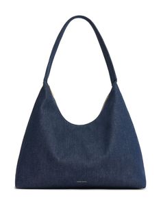 navy blue denim logo print to the front single top handle top zip fastening main compartment Mansur Gavriel Bag, Denim Maxi, Chanel 2, Iconic Bags, Mansur Gavriel, Denim Bag, Summer Beach Wear, Flat Boots, Ballet Flat Shoes