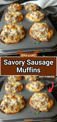 an image of savory sausage muffins on a baking sheet with text overlay