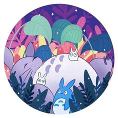 an image of cartoon animals in the jungle with leaves and plants around them on a circular plate