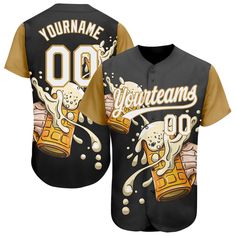 Custom Black White-Old Gold 3D Pattern Design Beer Festival Authentic Baseball Jersey Black Sublimation Design With Team Logo For Baseball Season, Customizable Black Baseball Jersey For Team Events, Black Sublimation Design For Baseball Fan Gear, Customizable Black Baseball Jersey For Sports Events, Customizable Baseball Jersey With Baseball Collar, Black Sublimation Design With Baseball Collar For Baseball Season, Custom Print Black Sublimation Design For Fan Merchandise, Customizable Black Baseball Jersey With Graphic Print, Sublimation Design With Baseball Collar For Game Day