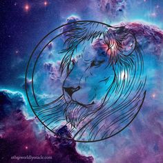 a lion's head in the center of a space filled with stars and clouds