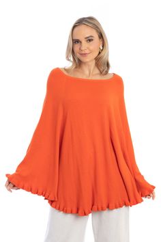 Discover our Ruffled Hem Poncho. Featured in many colors, this soft & breezy sweater with a ruffled hem is perfect for summer nights or fall days. This flattering poncho lays delicately over a short or by itself. Pair it with shorts or pants for added style. Material: Acrylic Length: 27" Width: 49" Billowy Sleeves, Seasonal Wardrobe, Fall Days, Swimwear Cover Ups, Autumn Day, Summer Nights, Ruffle Trim, Ruffle Hem, Boat Neck